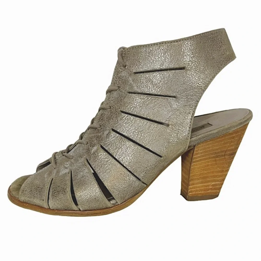 COSMO Paul Green Silver Metallic Cutout Leather Lace-up Peep Toe Ankle Bootie